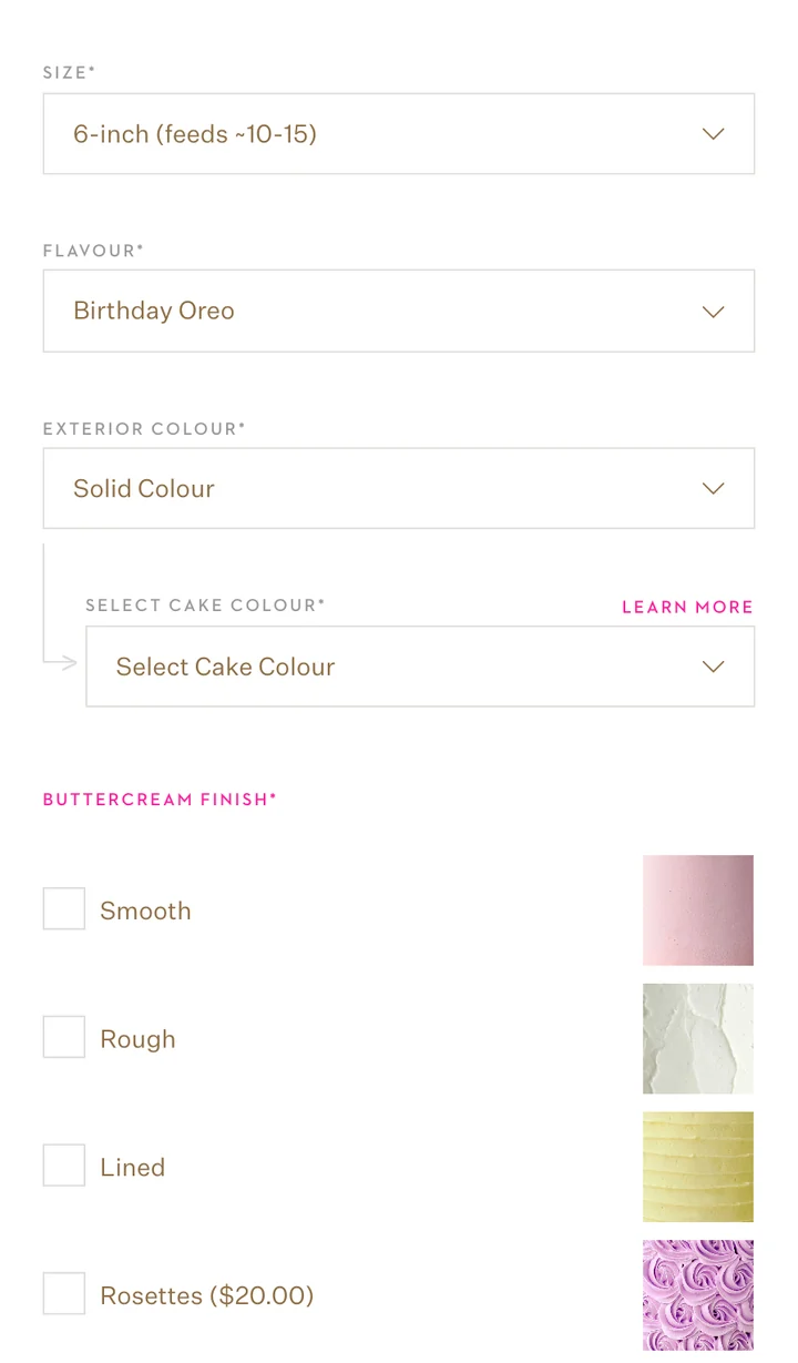 Design Your Own Cake options on jennaraecakes.com, first half: Size set to 6-inch, Flavour set to Birthday Oreo, Exterior Colour set to Solid Colour with a nested Select Cake Colour menu below it, and buttercream finish photo swatches for Smooth, Rough, Lined and Rosettes.
