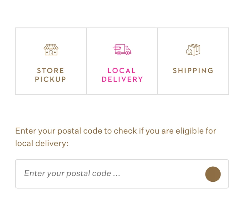Cart with Local delivery selected: a prompt to enter a postal code to check eligibility for local delivery, and an empty postal code field.