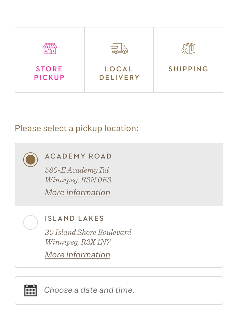 Cart with Store pickup selected: the Academy Road and Island Lakes locations with their addresses, and a Choose a date and time field.