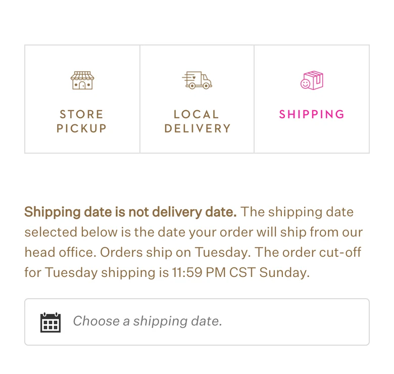 Cart with Shipping selected: a note that orders ship on Tuesday with a Sunday night cut-off, and a Choose a shipping date field.