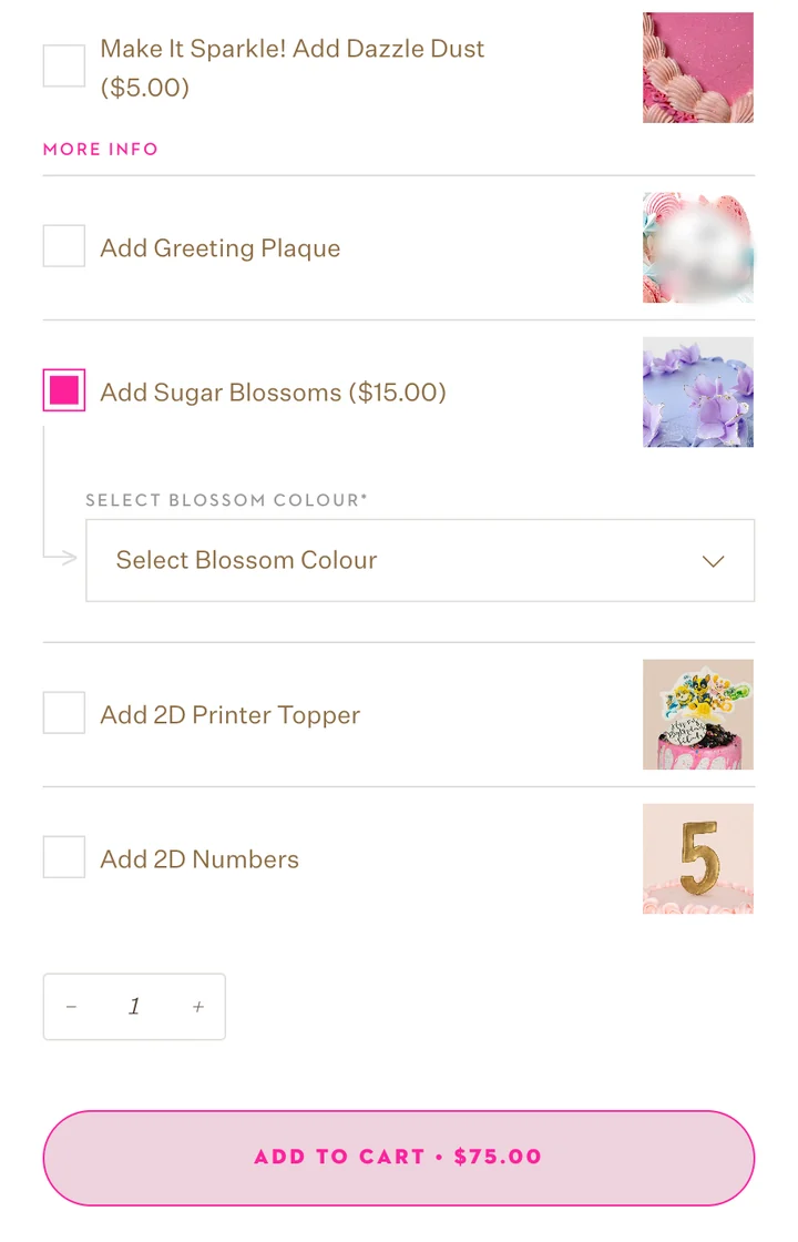 Design Your Own Cake options, second half: Dazzle Dust, greeting plaque (customer name blurred), Add Sugar Blossoms ticked with a nested Select Blossom Colour menu, 2D printed topper and 2D numbers, a quantity of 1, and an Add to Cart button reading $75.00.