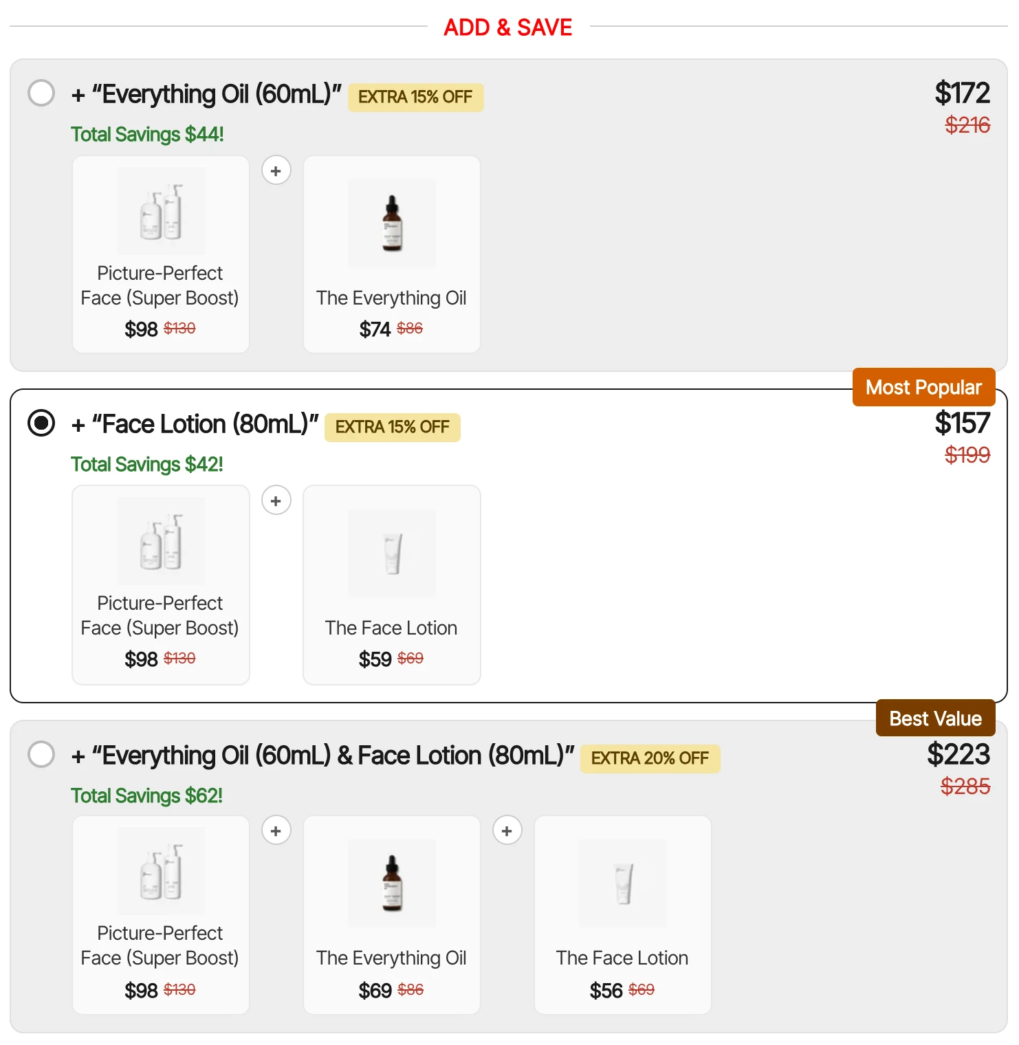 The Add & Save block on Picture-Perfect Face (Super Boost): add The Everything Oil at an extra 15% off, add The Face Lotion at an extra 15% off (Most Popular, selected), or add both at an extra 20% off.