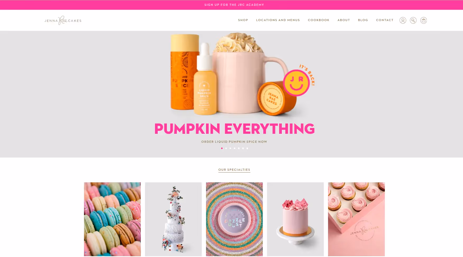 Website homepage featuring pumpkin-themed drinks and skincare, colorful baked goods, and cake specialty product images.