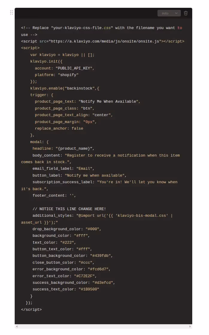 A screenshot of a code editor displaying updated JavaScript code for a Klaviyo Notify Me When Available button and modal.