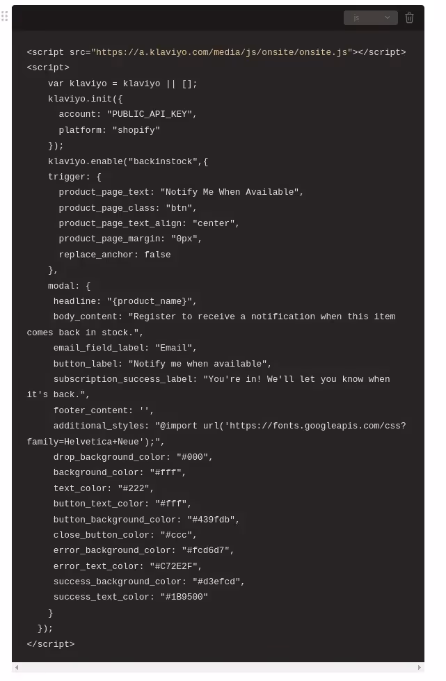 A screenshot of a code editor displaying JavaScript code for a Klaviyo Notify Me When Available button and modal.