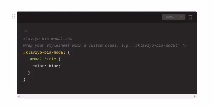 Code editor showing CSS to make modal-title text blue within the klaviyo-bis-modal class.