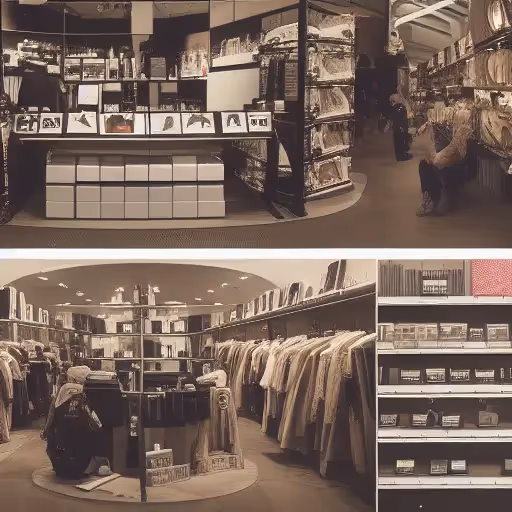 People shopping and browsing shelves filled with clothing and accessories in a neatly organized retail store.