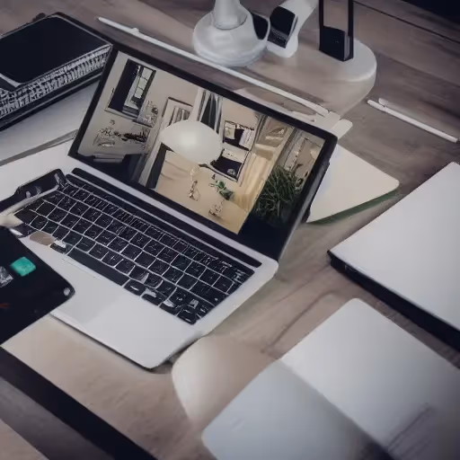 A laptop on a wooden desk surrounded by notebooks, a pen, a phone, and electronic accessories.