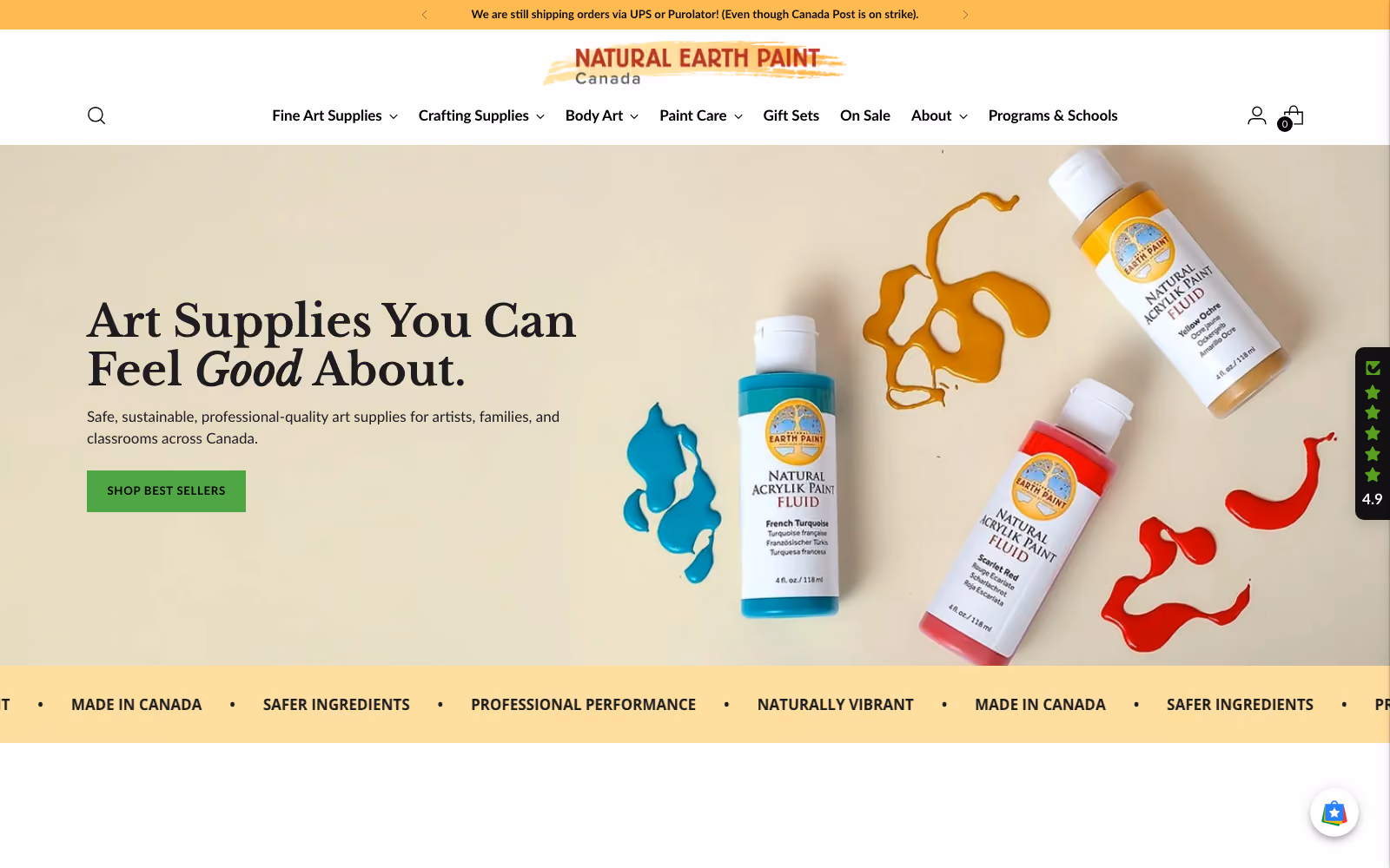 Natural Earth Paint Canada homepage with bottles of natural acrylic paint and the headline Art Supplies You Can Feel Good About.