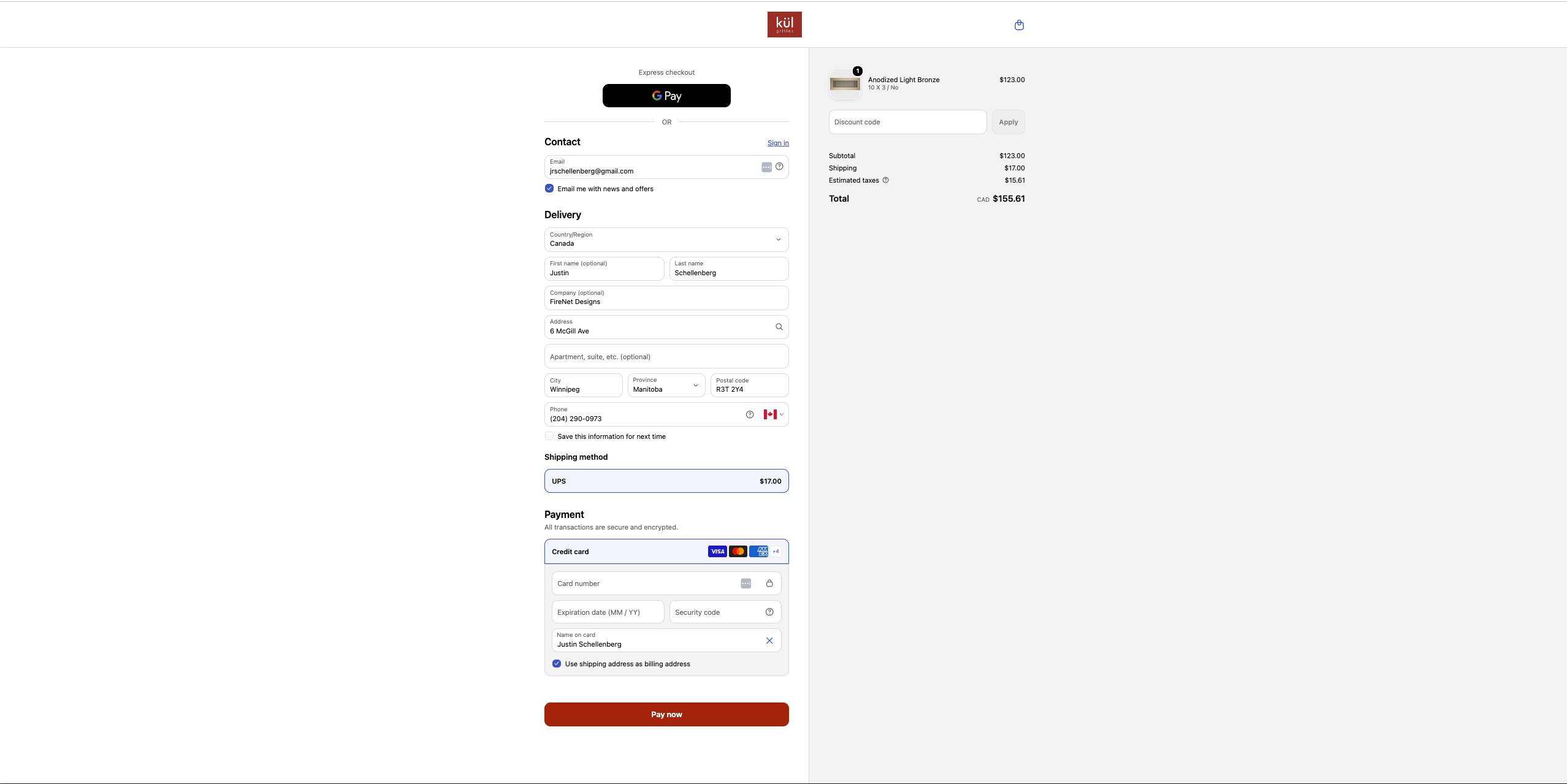 Kül Grilles checkout before with a red Pay now button