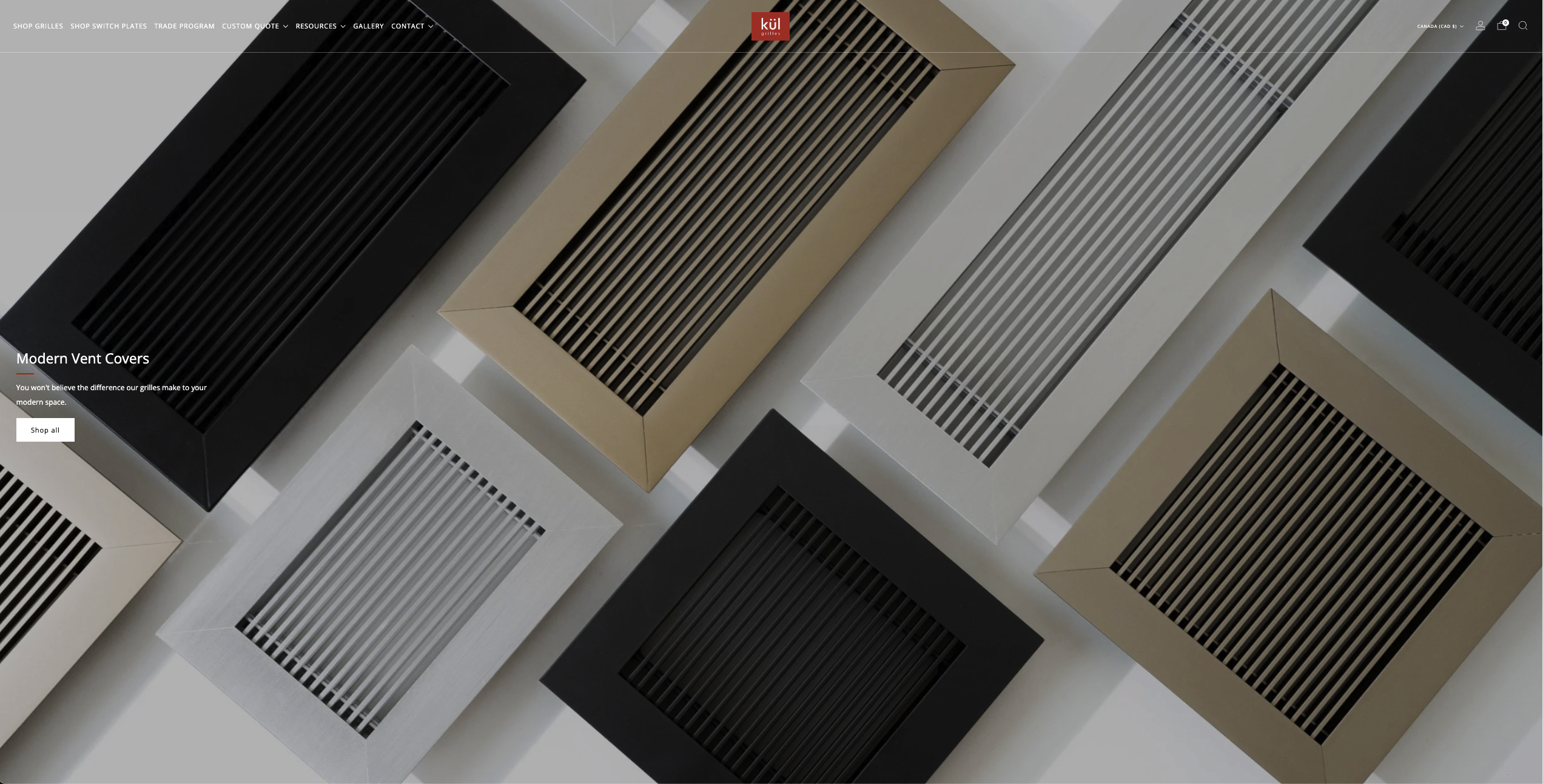 Kül Grilles homepage after the redesign with a solid white Shop all button