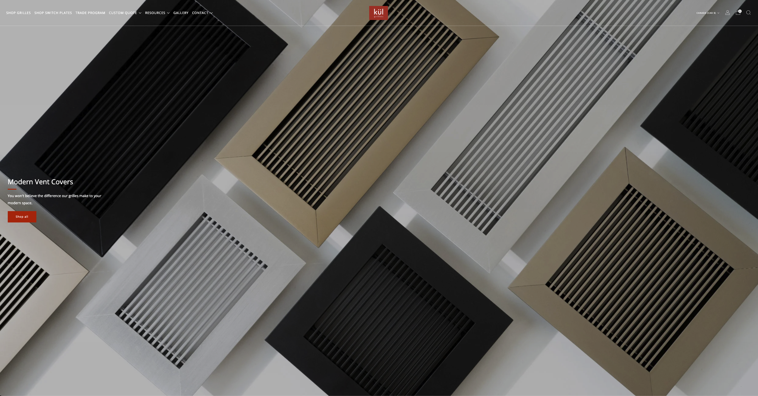 Kül Grilles homepage before the redesign with a red Shop all button