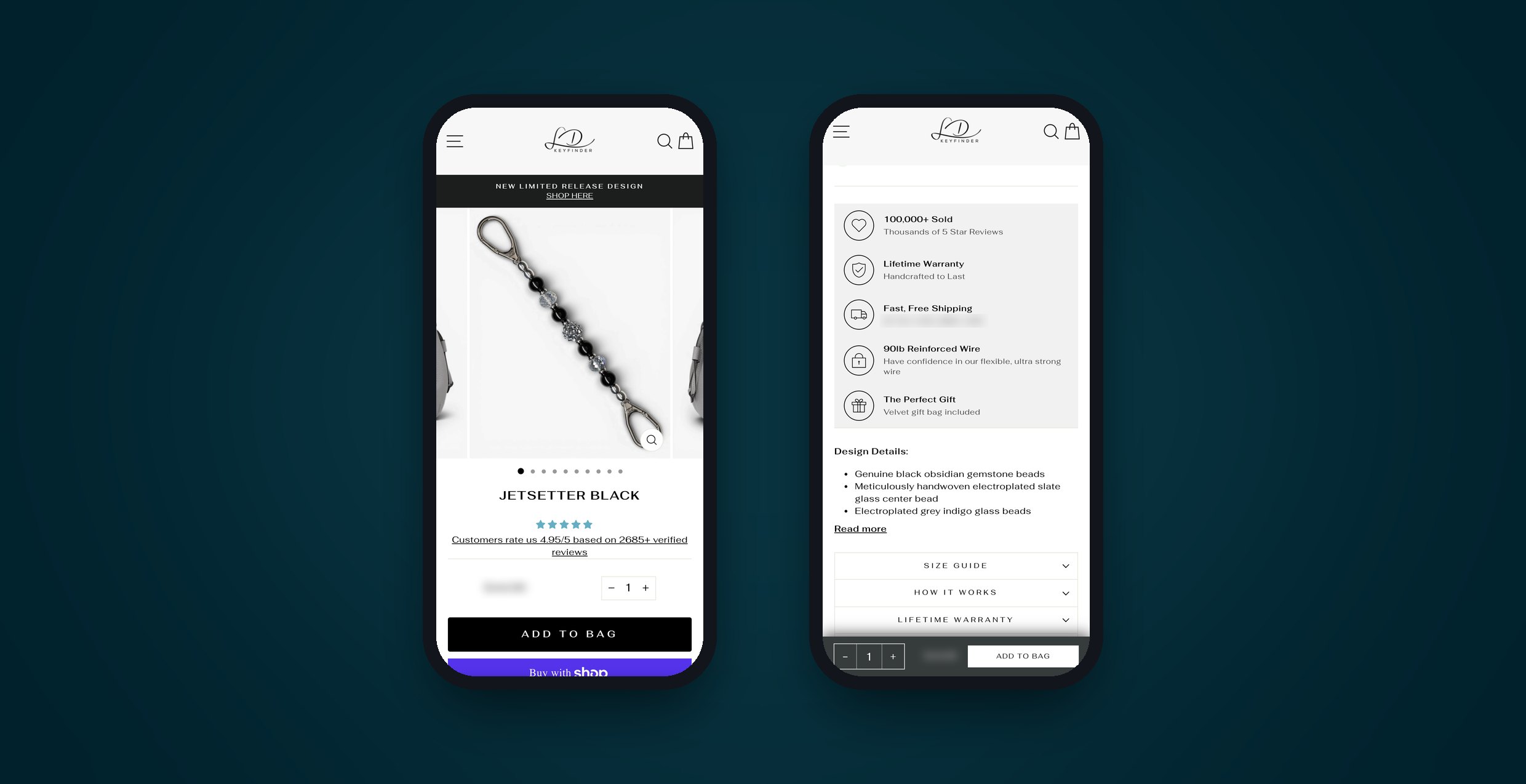 LD Keyfinder product page on two phones today: the Jetsetter Black first screen with the store rating line, and the trust rows above the dark sticky add-to-cart bar.