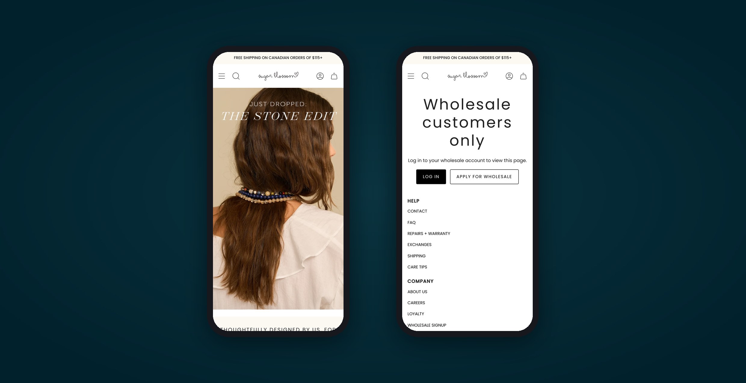 Two phones showing shopsugarblossom.com: the retail homepage, and a wholesale-only page asking buyers to log in or apply.