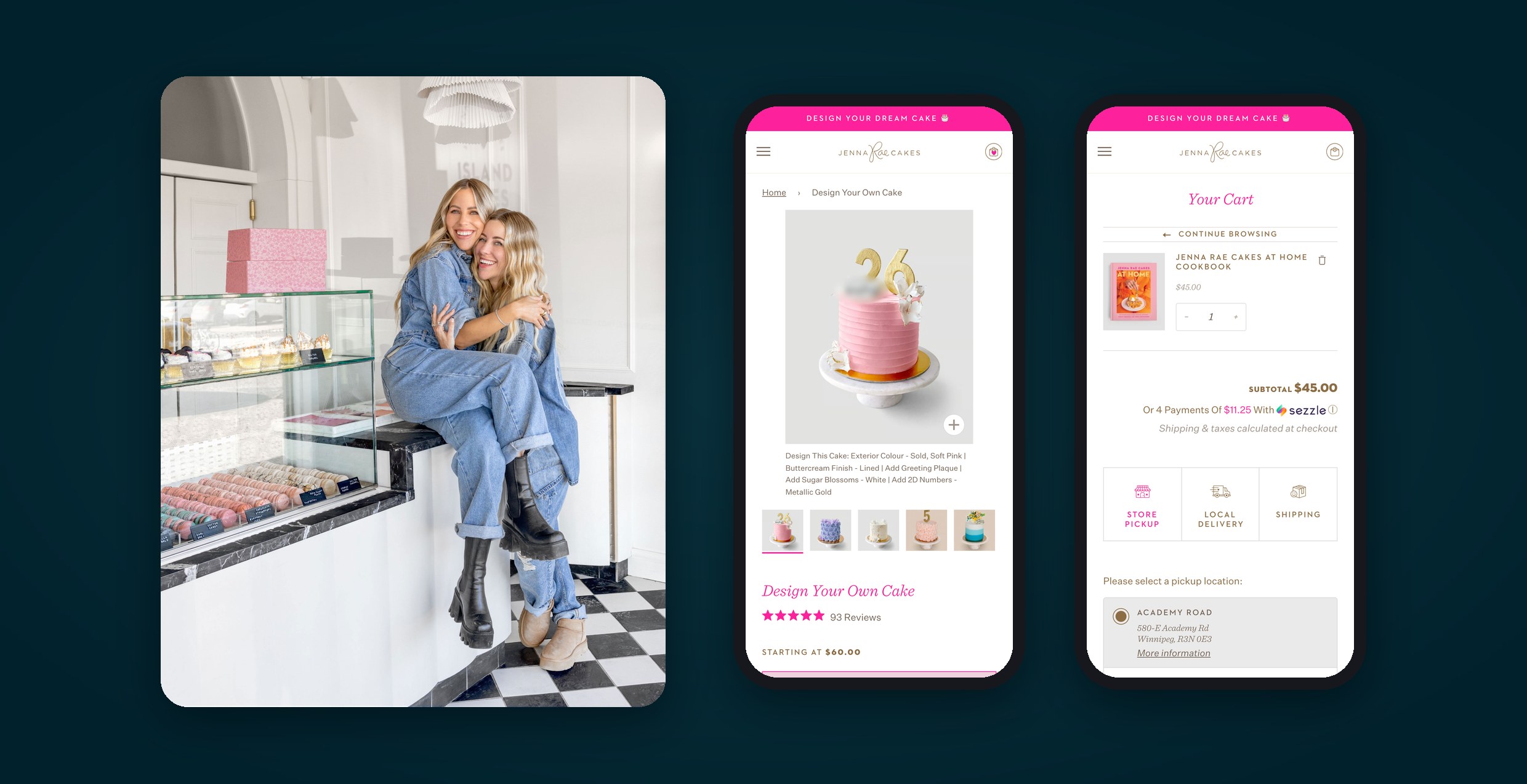 Jenna Hutchinson and Ashley Kosowan of Jenna Rae Cakes at their Island Lakes shop, beside two phones showing jennaraecakes.com: the Design Your Own Cake page and the cart with store pickup, local delivery and shipping.