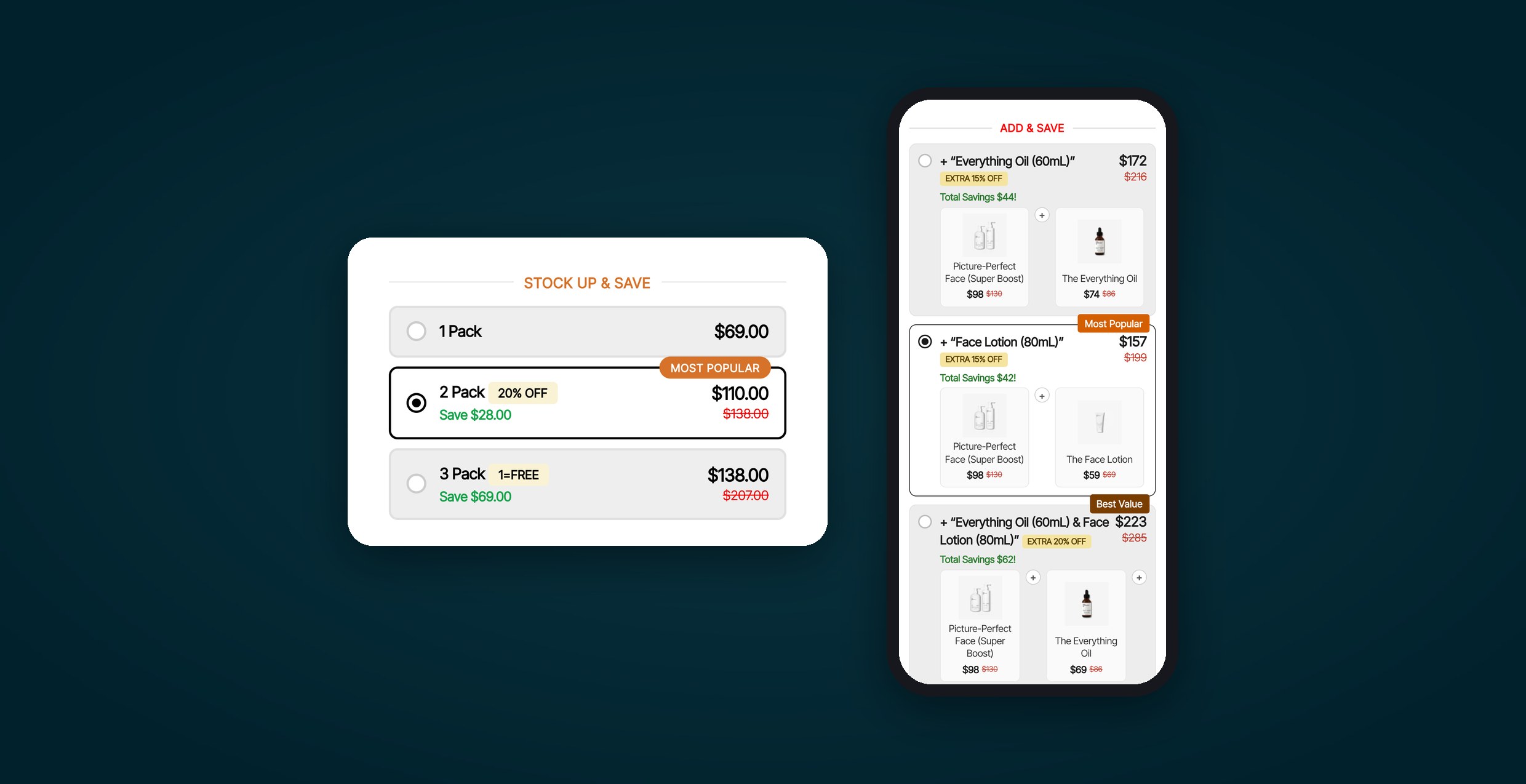 The Stock Up & Save block from The Face Lotion product page, with 1, 2 and 3 pack options, beside a phone showing the Add & Save block, with add-ons at an extra discount.
