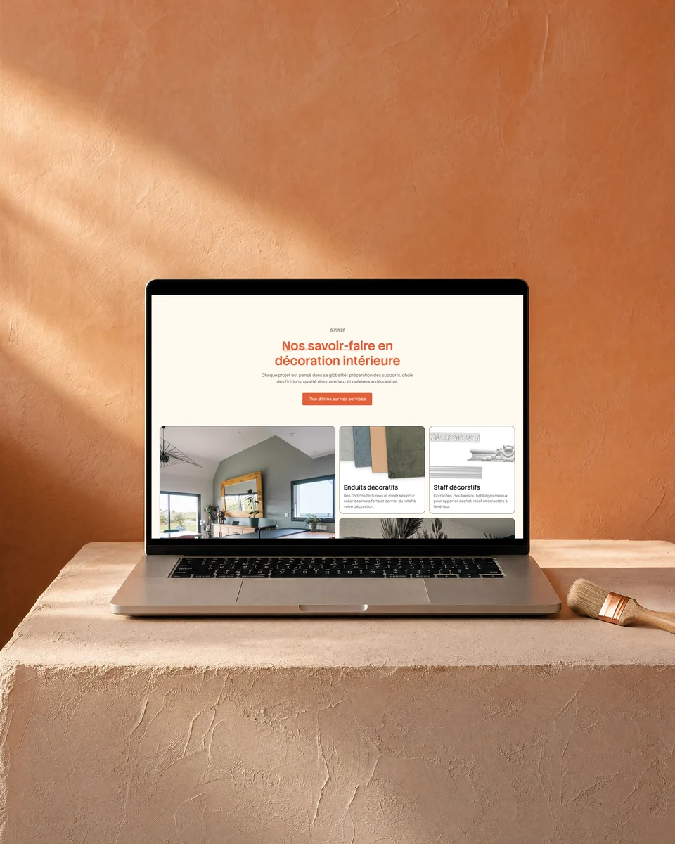 Site web Taloc Peinture réalisé par l'agence Apollo à Brest : la section savoir-faire sur un MacBook posé sur un socle en enduit à la chaux