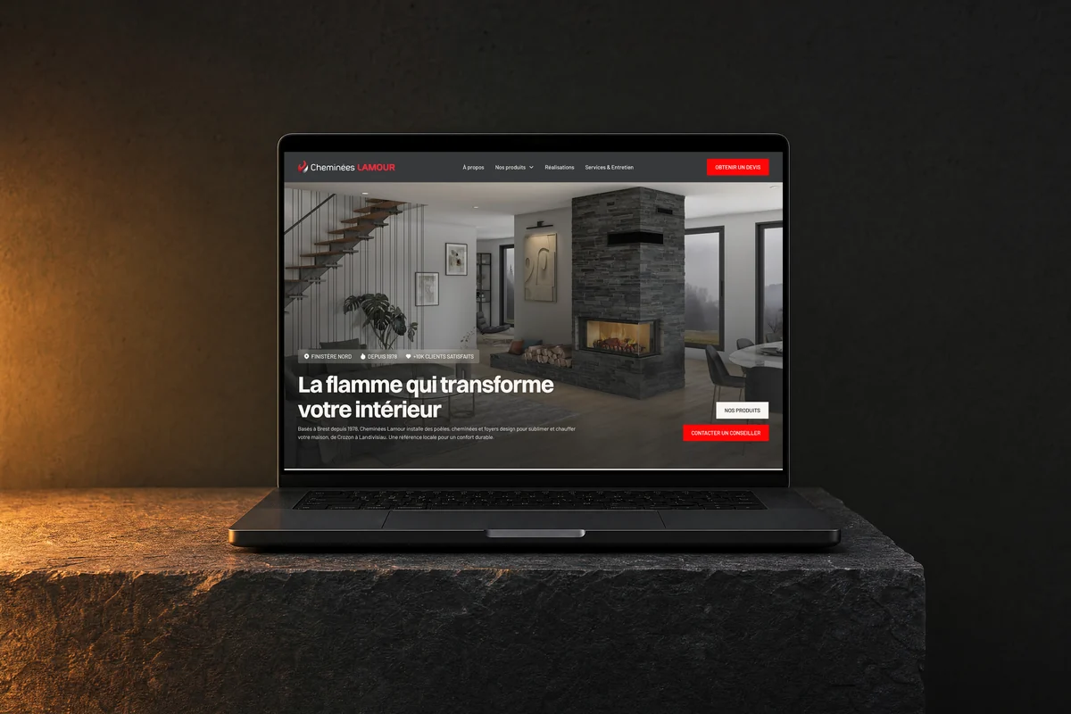 Site web Cheminées Lamour réalisé par l'agence Apollo à Brest : la page d'accueil sur un MacBook posé sur une pierre de foyer