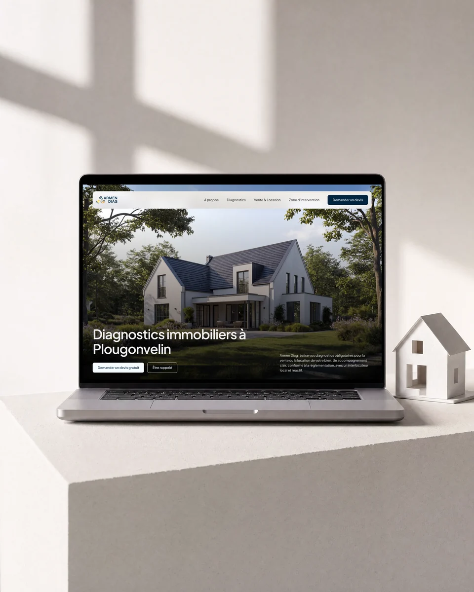 Site web Armen Diag réalisé par l'agence Apollo à Brest : la page d'accueil sur un MacBook posé sur un bloc blanc