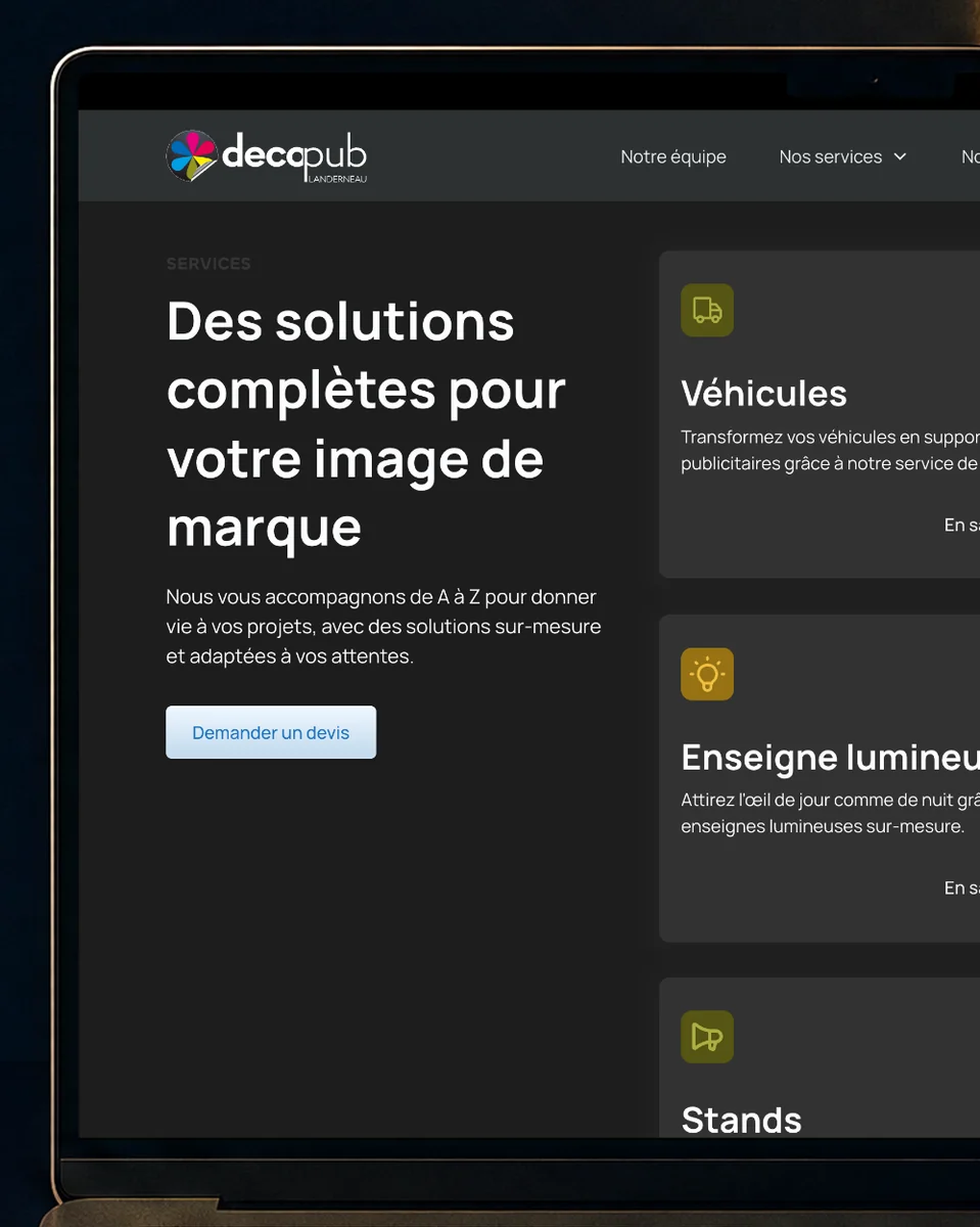 Site web Decopub réalisé par l'agence Apollo à Brest : gros plan sur les solutions Decopub