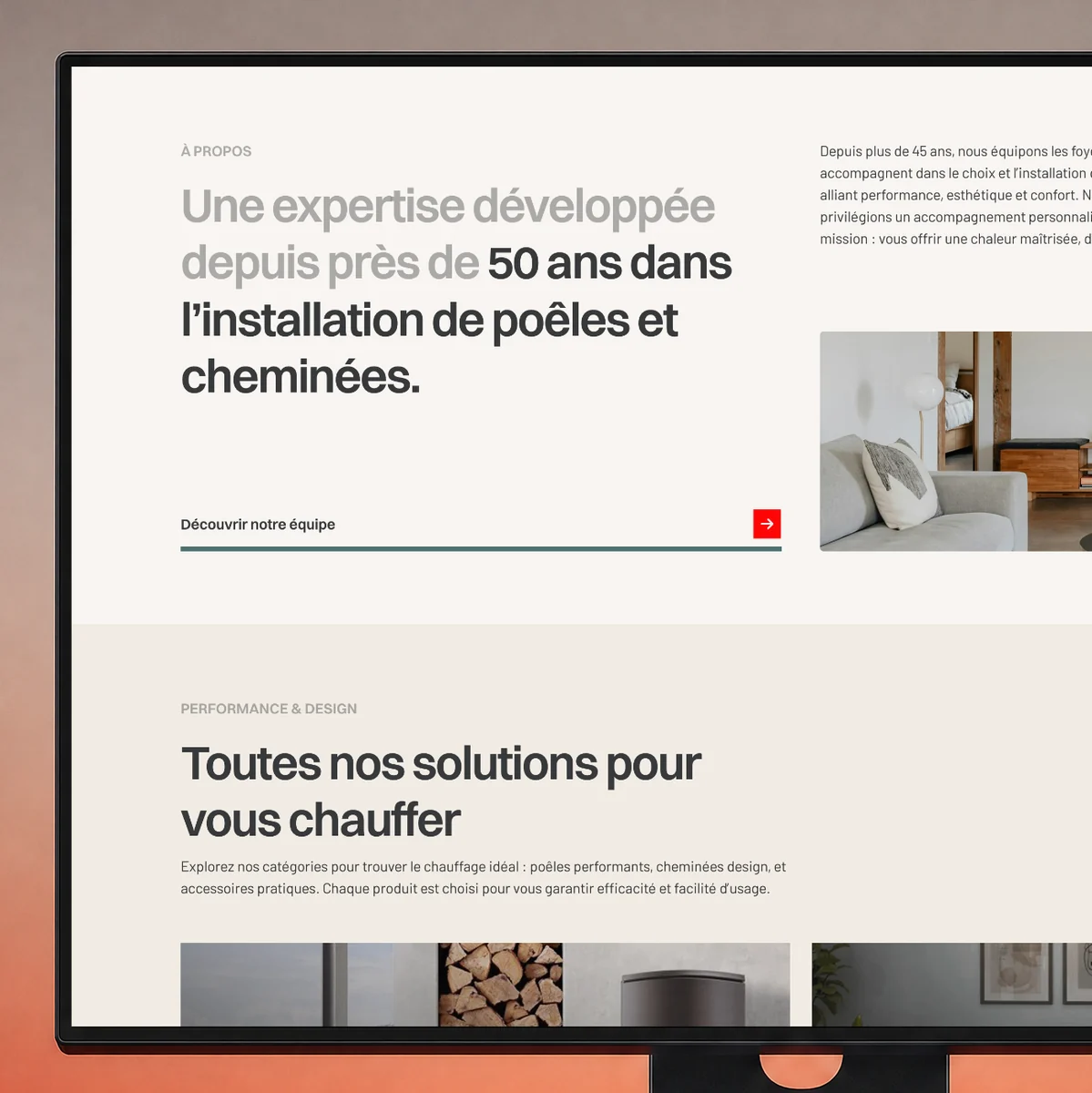 Site web Cheminées Lamour réalisé par l'agence Apollo à Brest : gros plan sur la présentation de l'entreprise