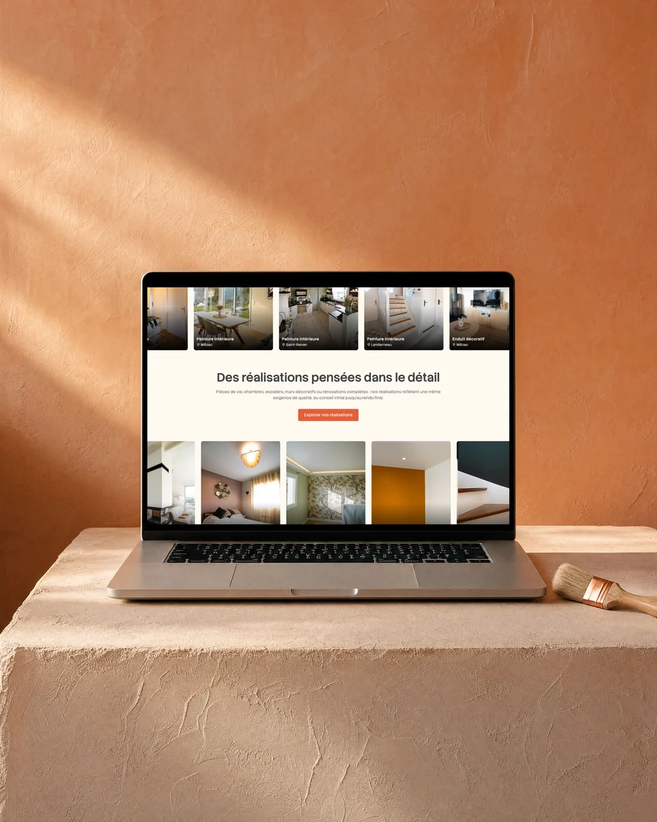 Site web Taloc Peinture réalisé par l'agence Apollo à Brest : la section réalisations sur un MacBook posé sur un socle en enduit à la chaux