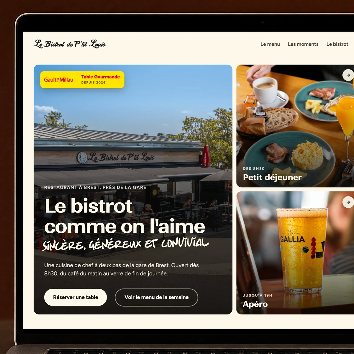 Site web Le Bistrot de P'tit Louis réalisé par l'agence Apollo à Brest : détail de la page d'accueil et de ses photos de plats
