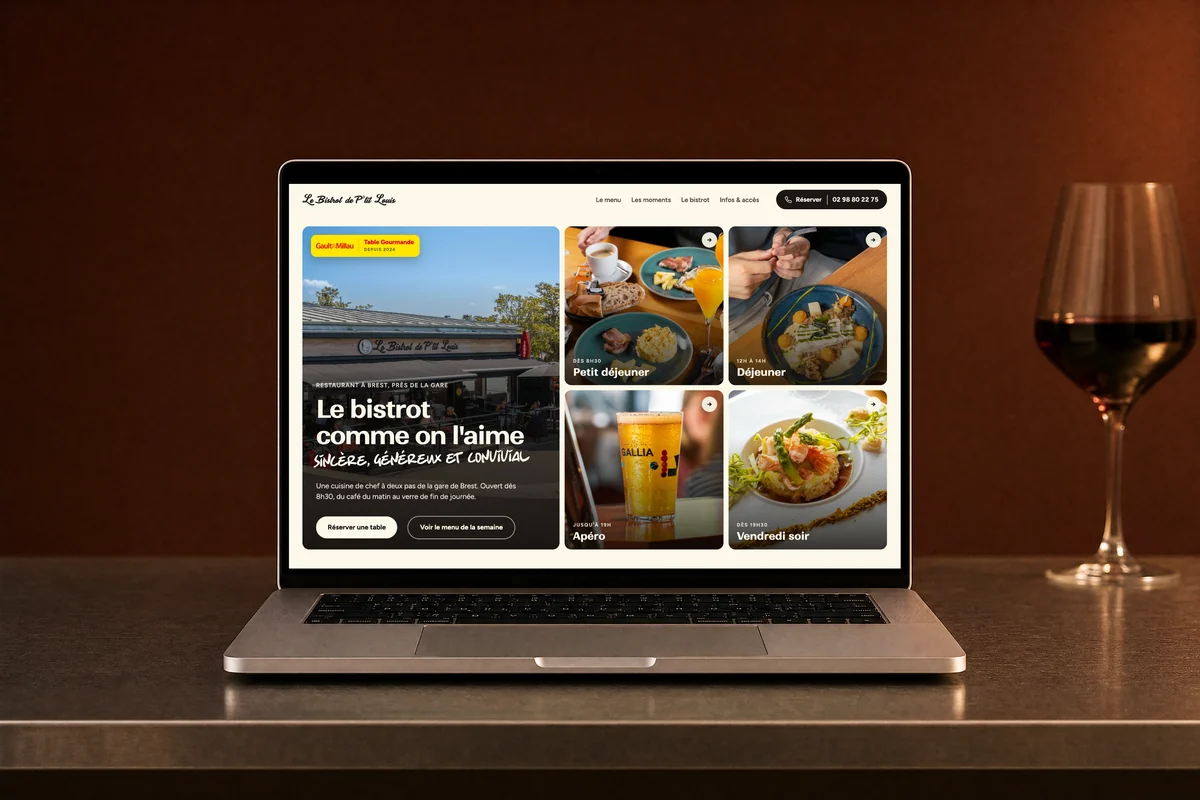 Site web Le Bistrot de P'tit Louis réalisé par l'agence Apollo à Brest : la page d'accueil sur un MacBook posé sur un comptoir en zinc