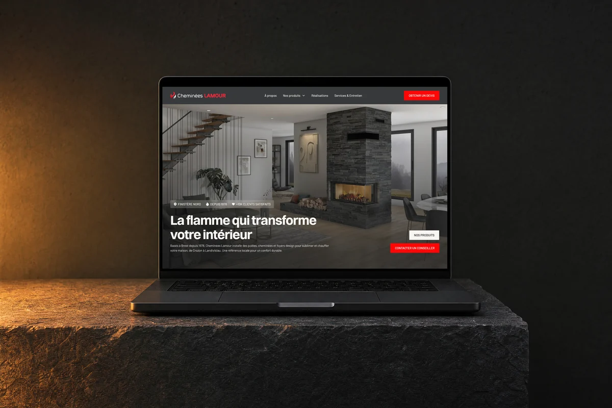 Site web Cheminées Lamour réalisé par l'agence Apollo à Brest : la page d'accueil sur un MacBook posé sur une pierre de foyer