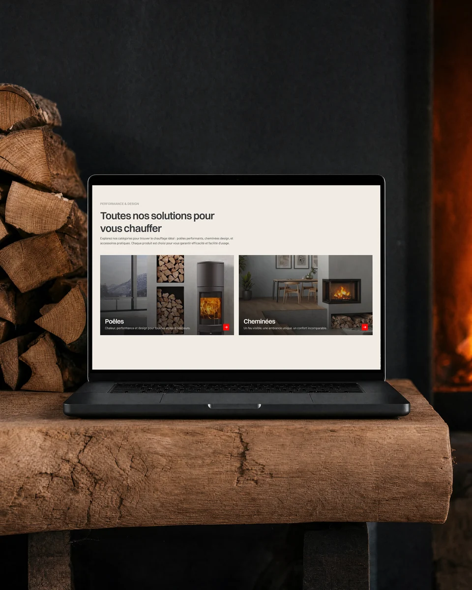 Site web Cheminées Lamour réalisé par l'agence Apollo à Brest : les solutions de chauffage sur un MacBook posé sur une planche de chêne