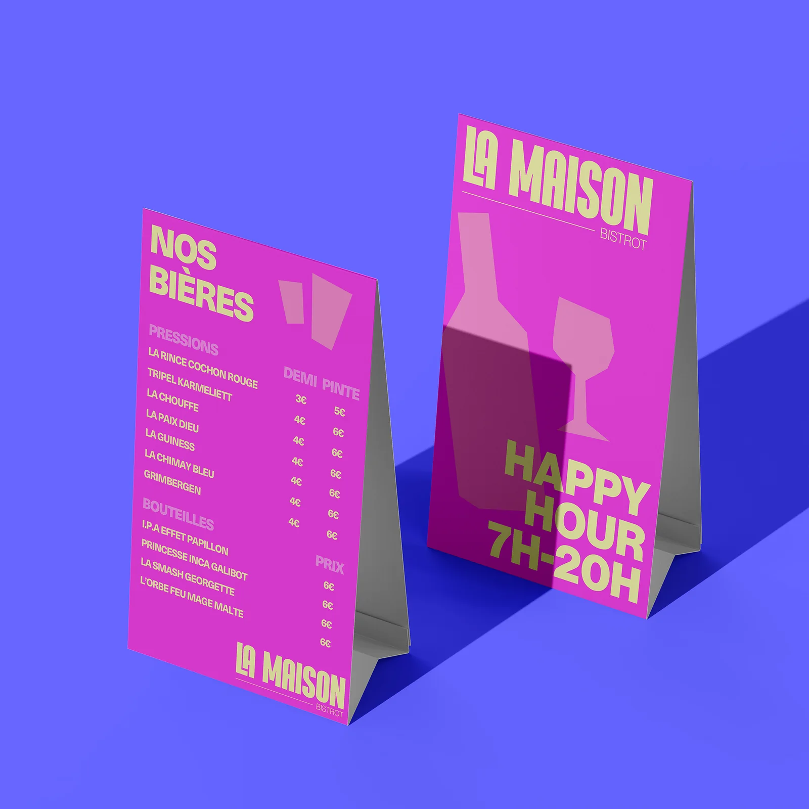Chevalets de table du bistrot La Maison, concept graphique de l'agence Apollo