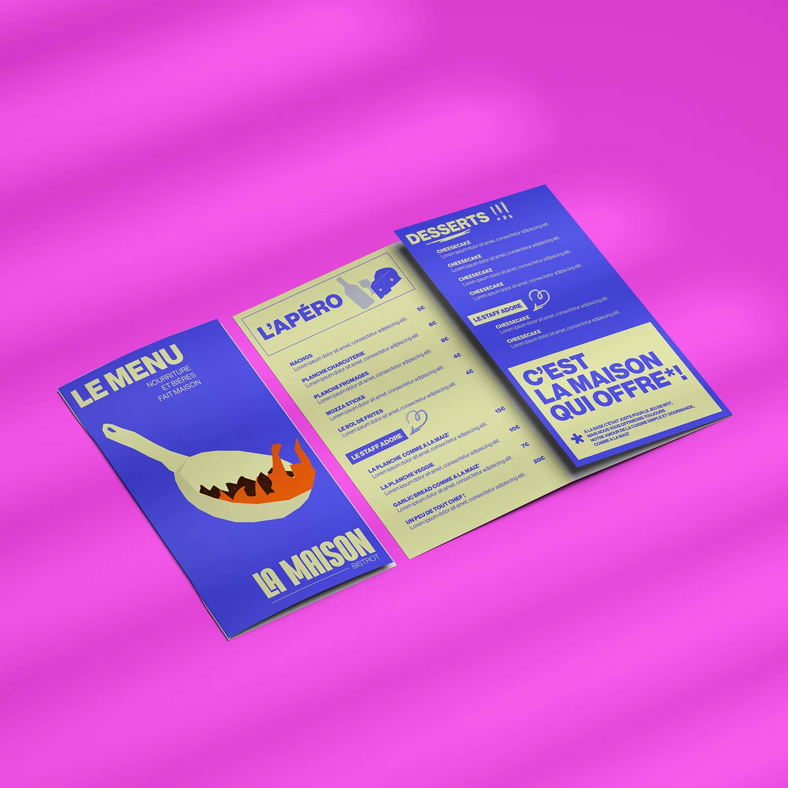 Menus du bistrot La Maison, concept graphique de l'agence Apollo