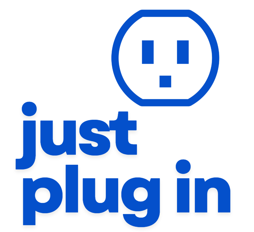 Blue electrical outlet icon above bold blue text reading 'just plug in' on a white background.