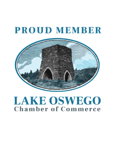 Logo with text Proud Member Lake Oswego Chamber of Commerce and an illustration of a stone tower in a natural landscape.