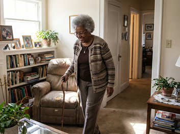 Elderly woman using a cane walking in a cozy living room with bookshelves and plants.