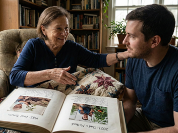 Older woman smiling and touching a younger man's shoulder as they look at a photo album together in a cozy room.