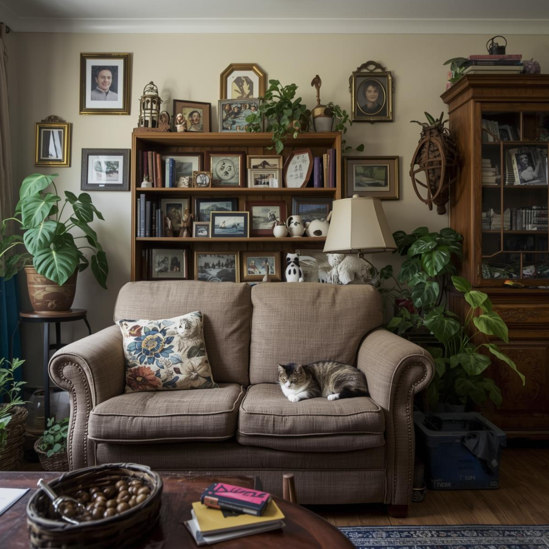 Living room with cat on sofa