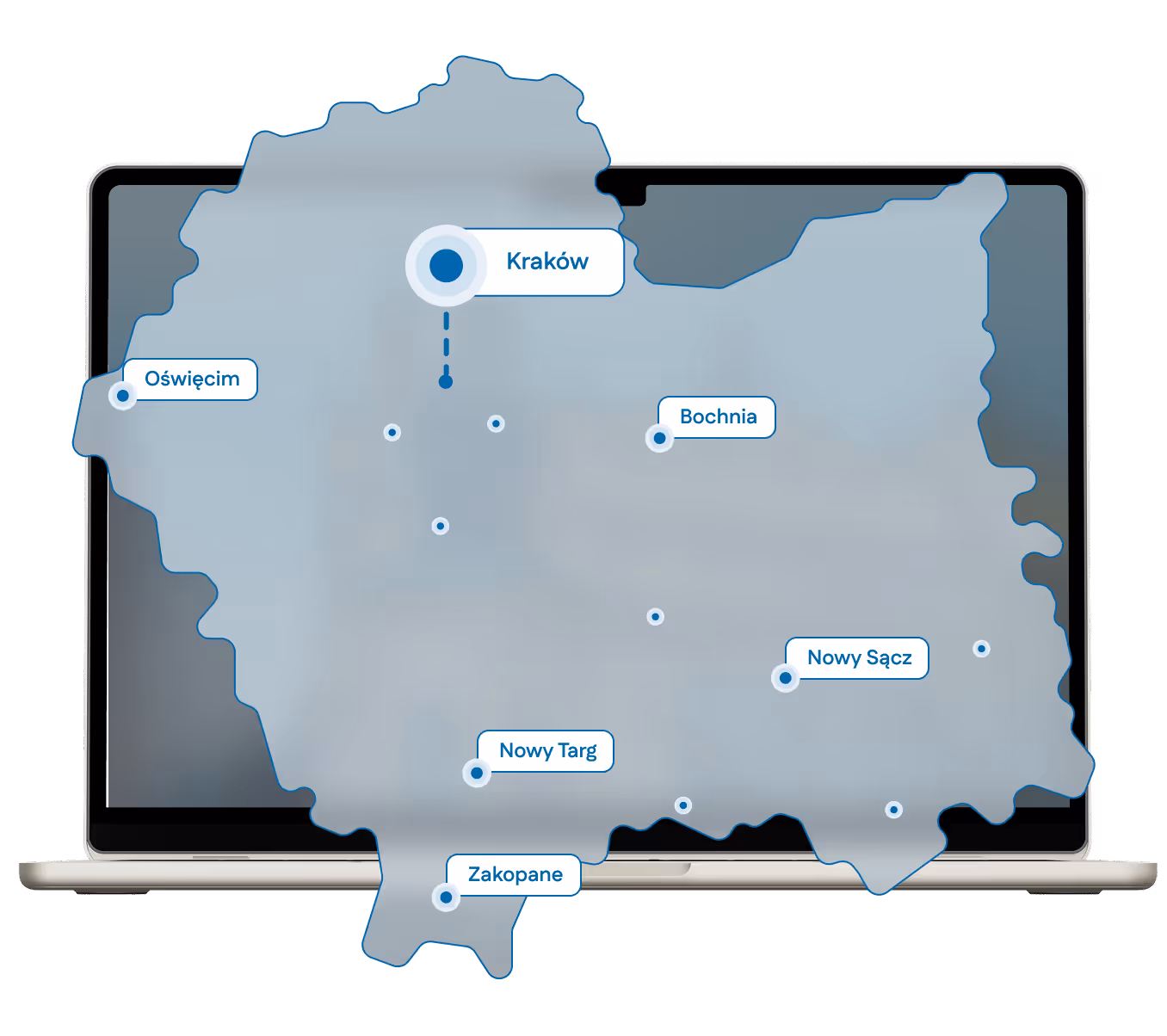 Mapa województwa małopolskiego.