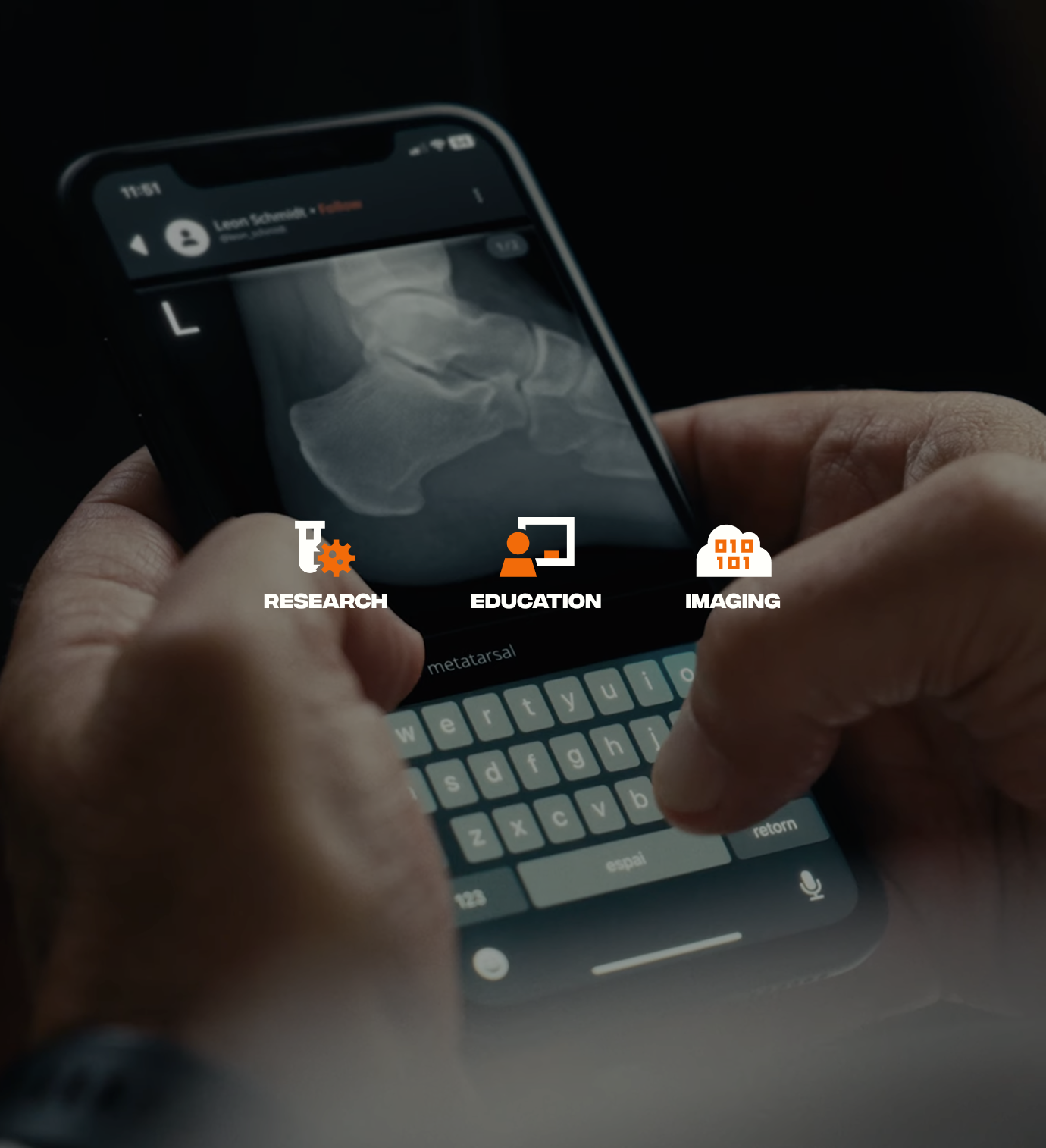 Hands holding a phone showing a dark chat interface with an on-screen keyboard