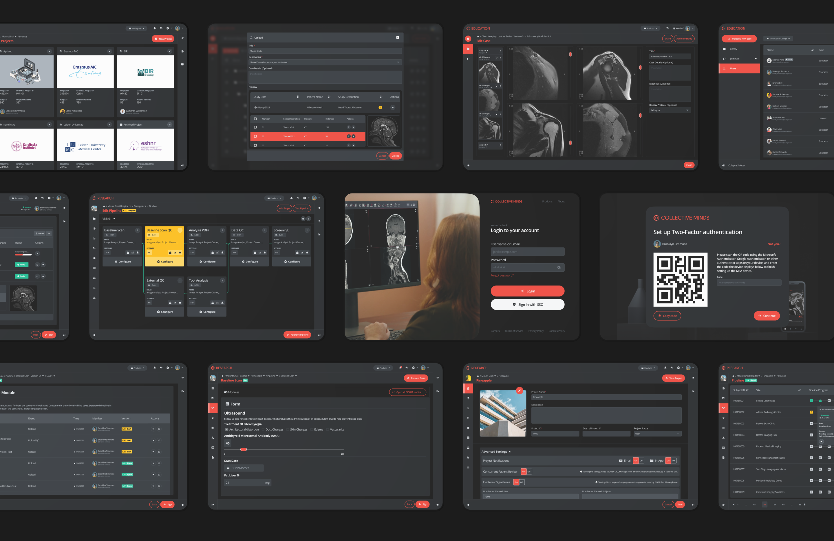 A grid of dark interface screens from the clinical trials platform