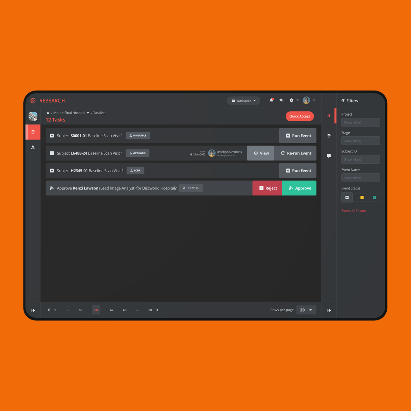 A dark table view from the platform with status labels, shown on an orange background
