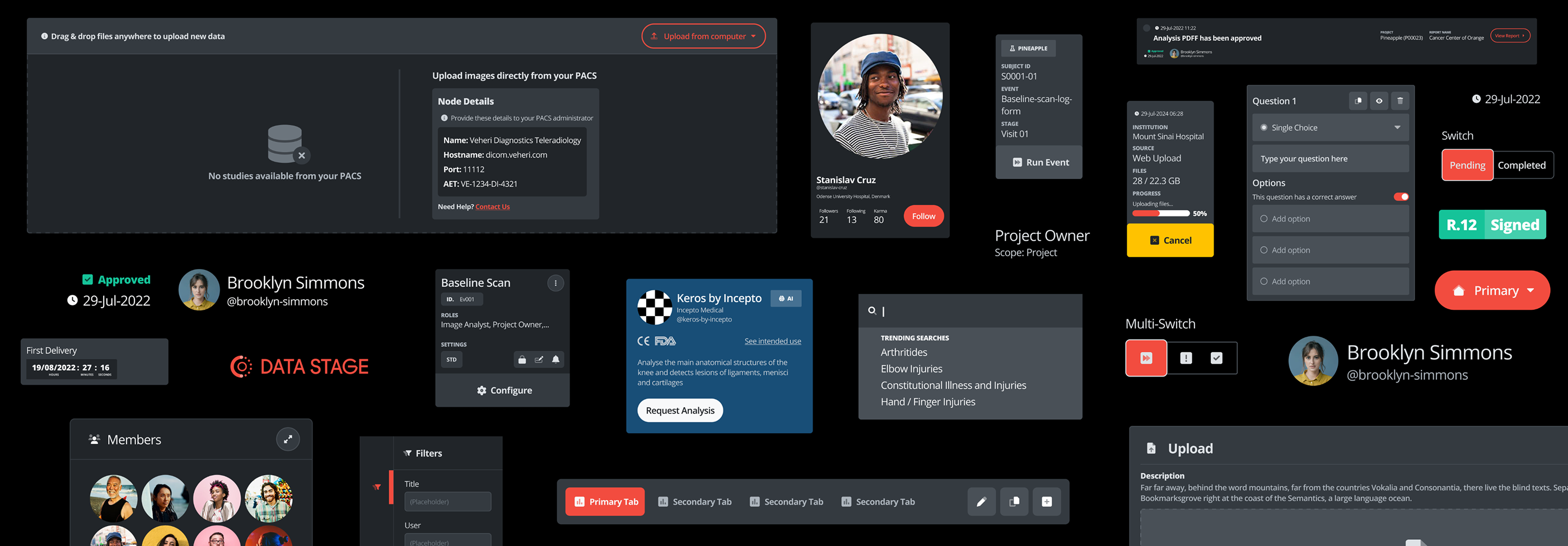 A dark design system library showing components, buttons and user avatars