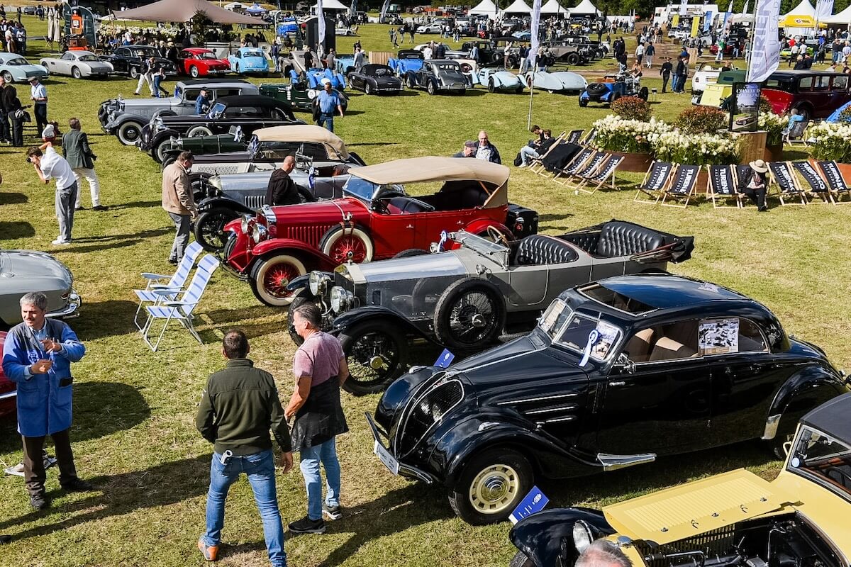 Klassieke automobielen opgesteld op het gras met bezoekers