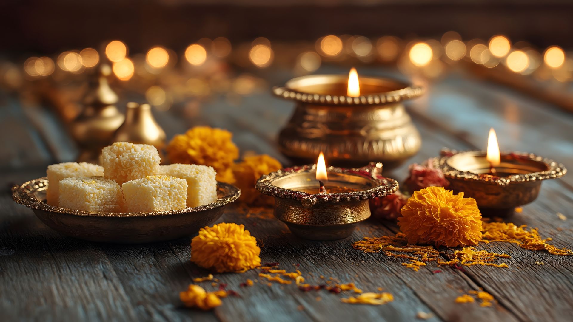Decorative diya lamps and festive sweets arranged for Diwali celebration