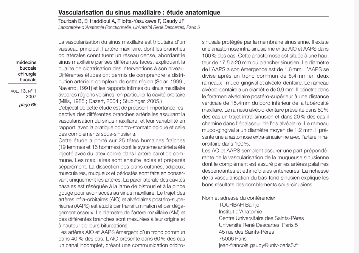 Pubication du Dr. Bahige Tourbah - Vascularisation du Sinus Maxillaire