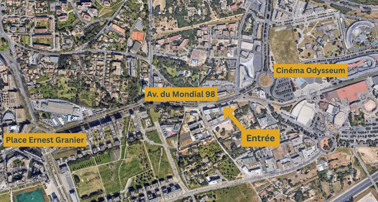 Vue aérienne du cabinet Ekla, 660 avenue du Mondial 98, Montpellier, cabinet de chirurgie-dentaire.