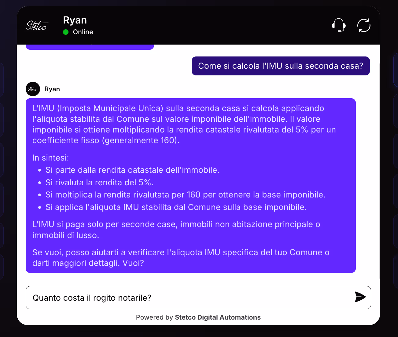Chat del ChatBot Assistente Virtuale AI che gestisce le richeste 24/7 in modo preciso.
