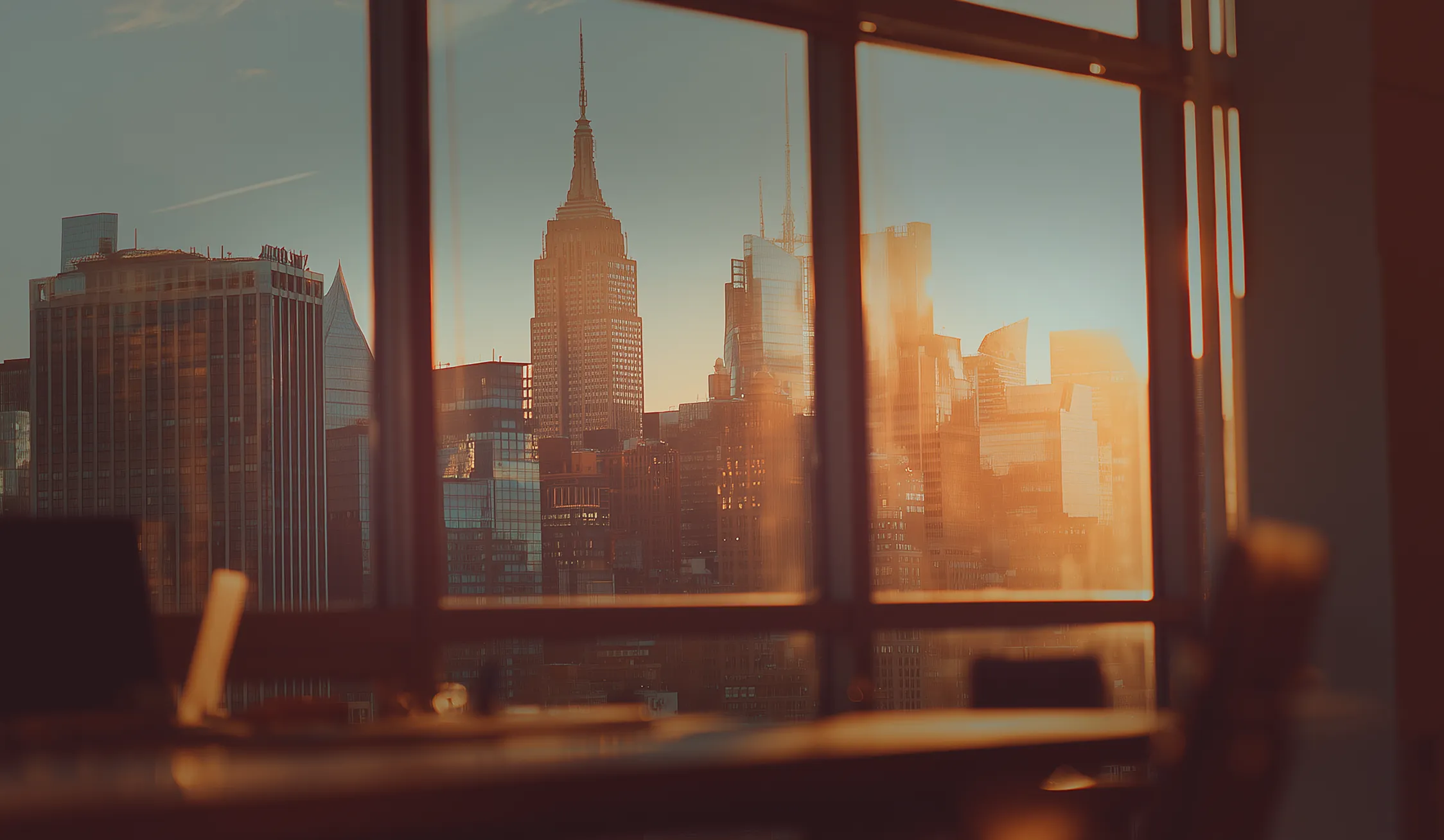 Sunset view of New York City skyline with Empire State Building seen through office window panes.