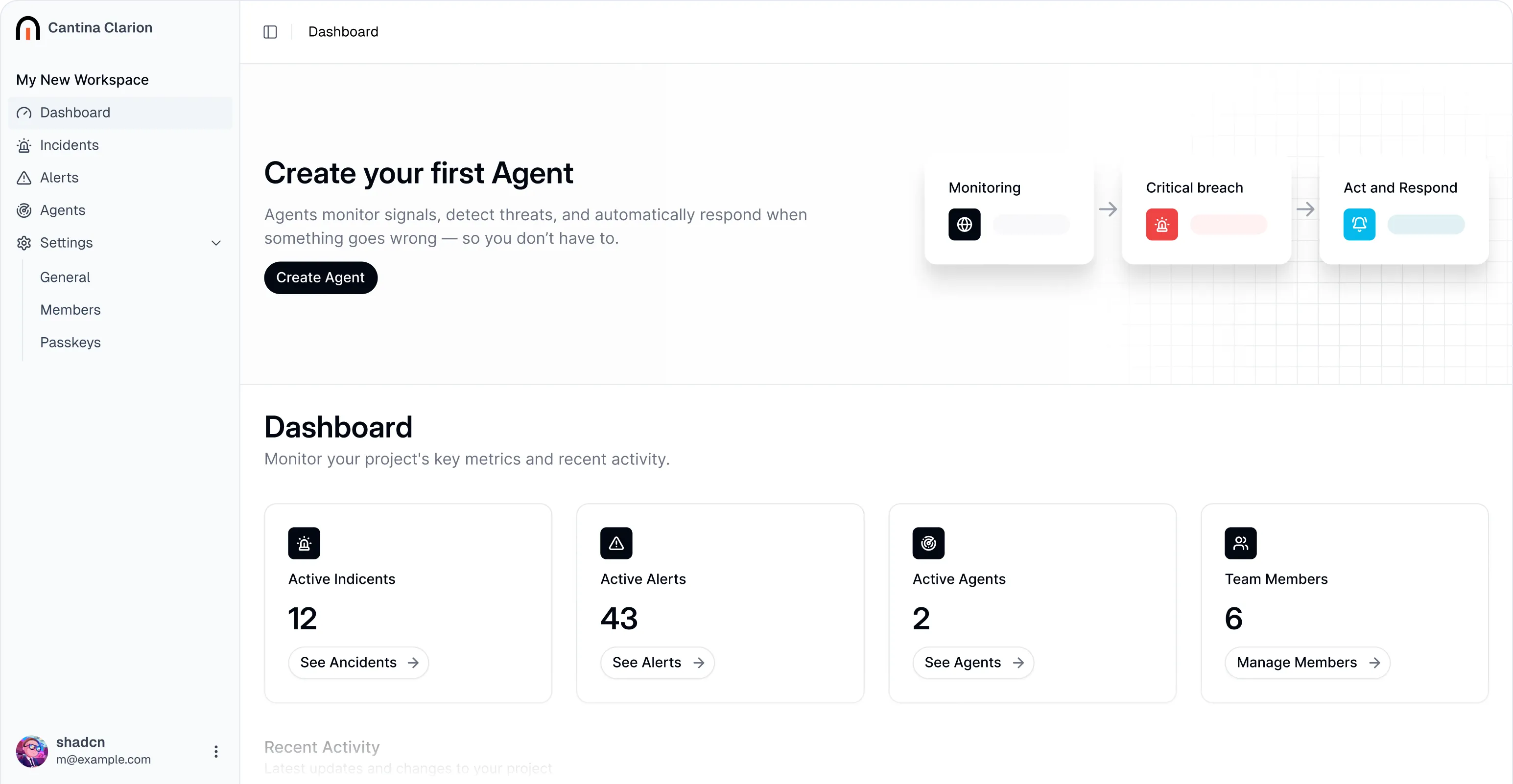 Clarion dashboard showing Incident #43 titled Abracadabra protocol contracts with critical risk analysis and ongoing status.
