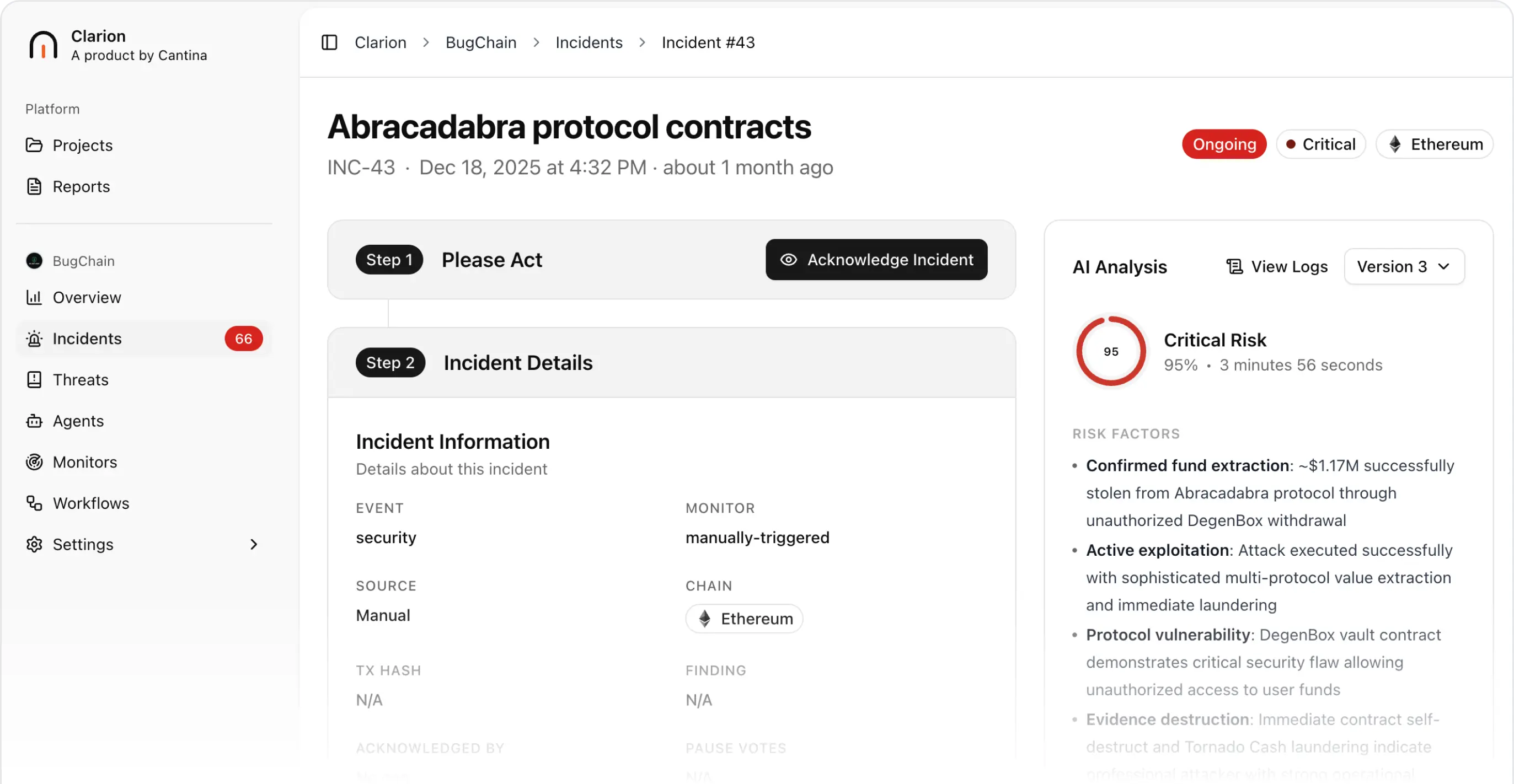 Clarion dashboard showing Incident #43 titled Abracadabra protocol contracts with critical risk analysis and ongoing status.